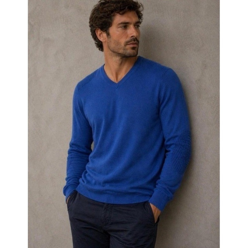 Ted Baker London Mens V-Neck Merino Wool Sweater Blue Size 5 XL Knit Pullover‎